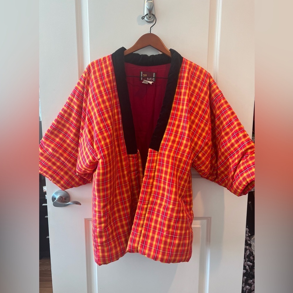 Plaid Kimono Jacket with Black Trim - Picture 3 of 16